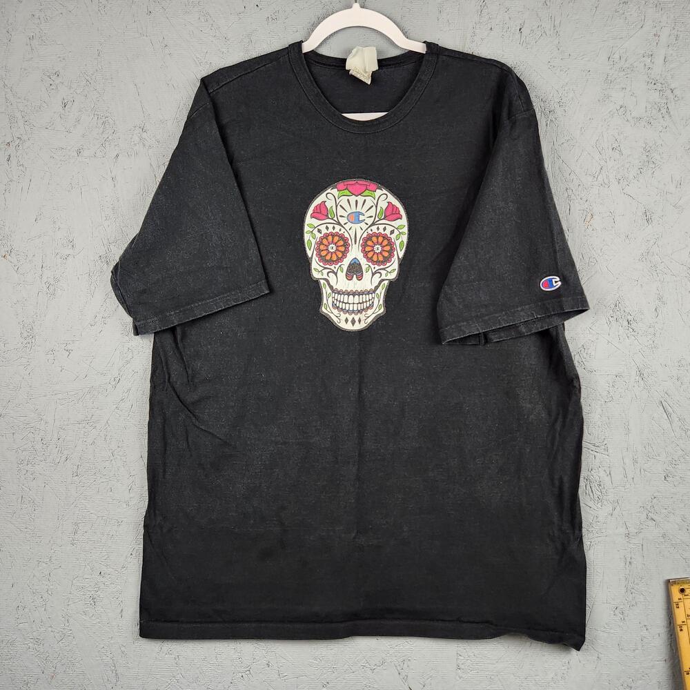 Vintage Champion Shirt Mens 2XL Sugar Skull Day of the Dead Graphic Tee Y2K Logo